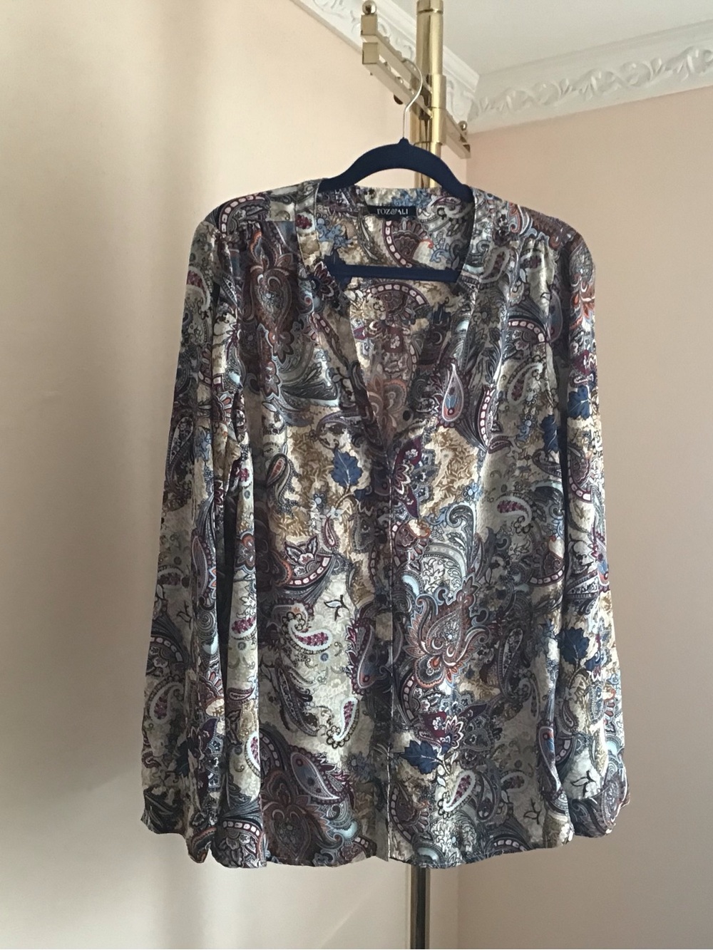 Roz & Ali Cream Paisley Button-Front Blouse with Blue and Brown Accents